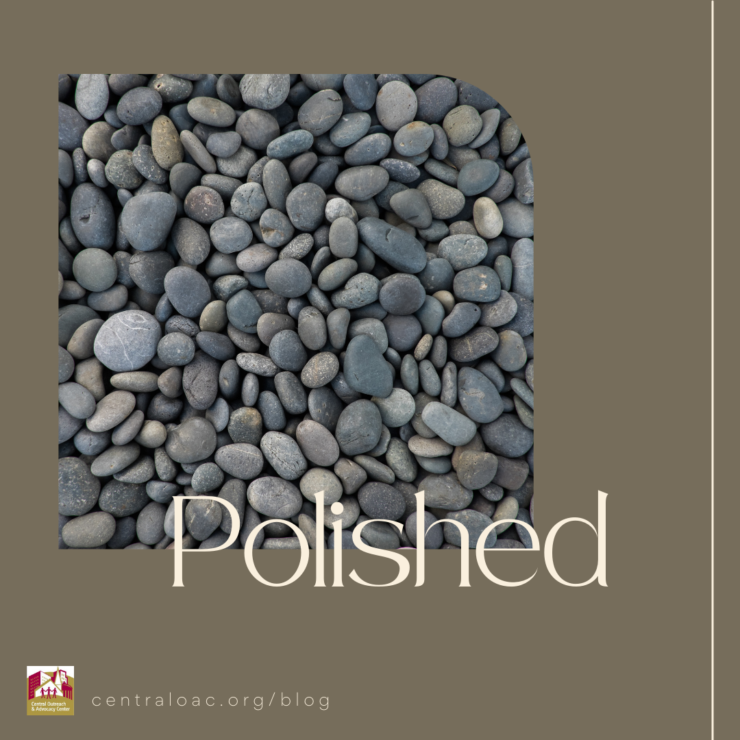 Image description: smooth grey stones over a brown background. The word "Polished" is imposed in front of the image. Central OAC's logo is in the bottom left corner with the web address to the post.